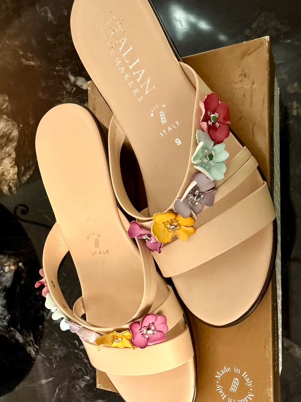 Italian Shoemakers Nude Slide Wedge Sandals with Multicolor Floral Appliqués